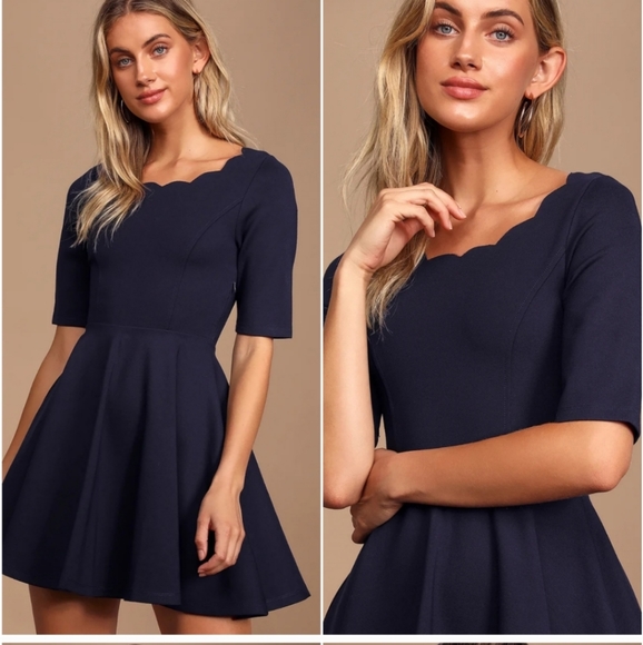Navy Lulu's Tip the Scallops Skater Dress Sz S - Picture 2 of 6